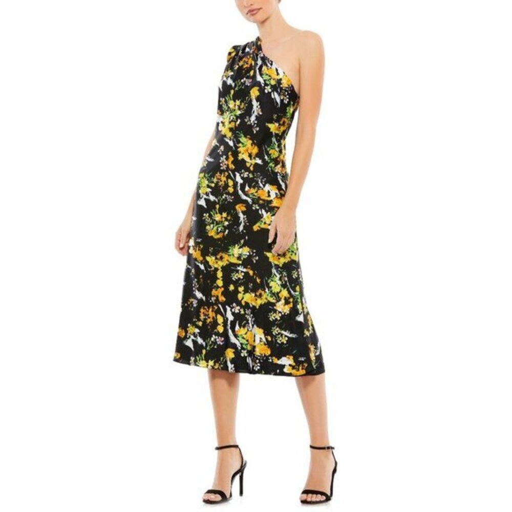 Ieena For Mac Duggal One-Shoulder Floral Midi Dress Black & Yellow Size 0